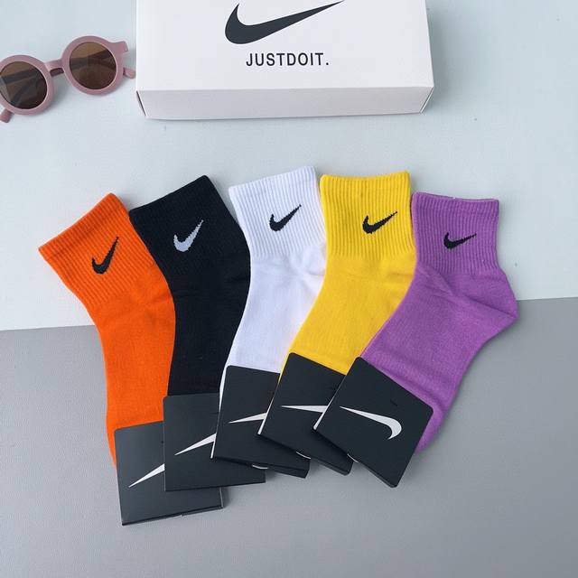 配包装 一盒5双 新款 Nike 耐克 中筒袜 精梳棉 专柜同步 高品质 抗菌防臭吸汗透气袜子 丝袜