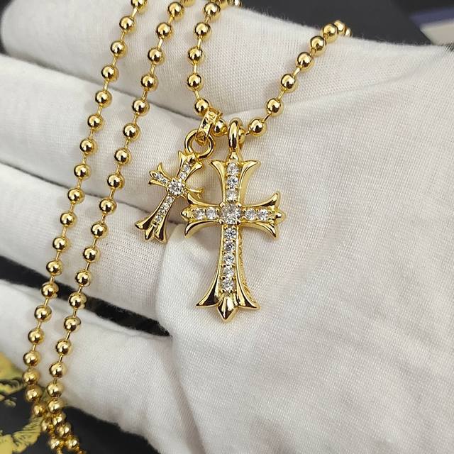 今日推荐 克罗心金色 双十字架光珠项链 尺寸 60Cm