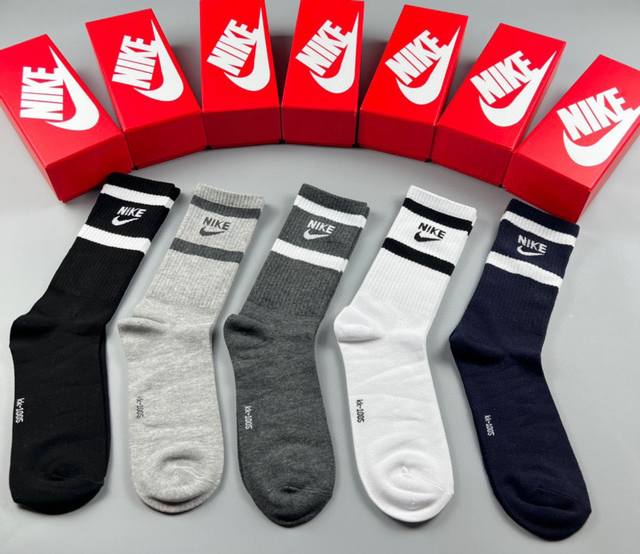 配专柜包装 Nike 耐克 新款中长款堆堆袜袜子 一盒五双 专柜同步筒袜袜子 大牌出街 潮人必备超好搭