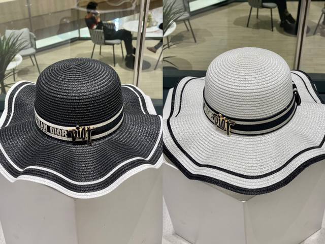 Dior迪奥 2023新款草编拼色大帽沿草帽 度假休闲必备 优雅大方的一款