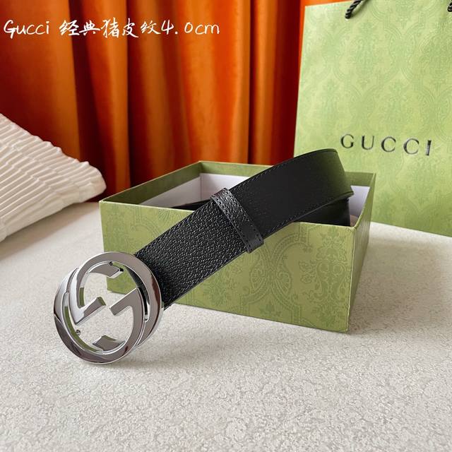 原单 配全套包装礼盒 Gucci古驰奢侈品男款双g带扣经典印花腰带原版pvc皮带 宽度4.0Cm
