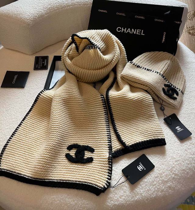 Chanel香奈儿围巾帽子套装 针织面料 高端定制 黑 米两色 Ddd