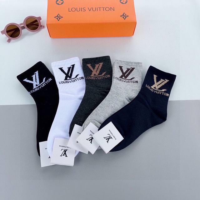 新品 Louis Vuitton Lv 精品盒装袜子[机智]设计时尚 纯棉质量 一盒5双入袜子 丝袜 Ddd