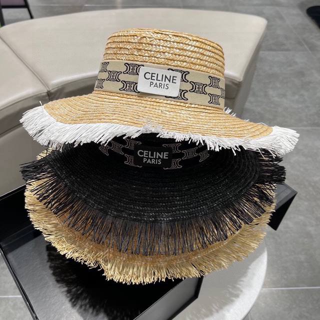 Celine赛琳2022专柜新款草帽沙滩太阳帽 纯手工钩织制作 头围57Cm Ddd