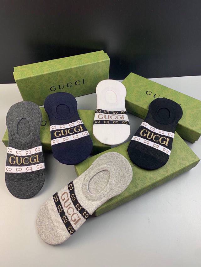 特批 Gucci 古奇g家新品男款隐形袜子 一盒五双 提花经典ｇ家标志，纯棉材质，超舒适超美腻大牌出街，潮人必备超好搭