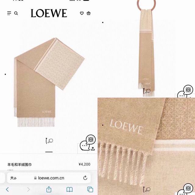 Loewe最新款双面围巾，中克重双面羊毛和羊绒混纺围巾。 全覆盖提花 Anagram 流苏边缘 角落饰有 Loewe 刺绣 材质:90% 羊毛 10% 羊绒 尺 - 点击图像关闭