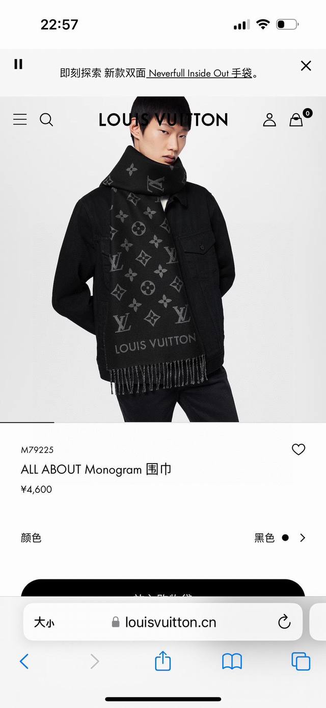 Lv新款 All About Monogram 围巾瞩目放大经典 Monogram 图案，彰显潮流格调和舒朗风范。细腻绵羊毛点缀路易威登标识和流苏饰边，于凛冬时